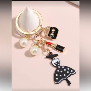 Chic Black and White Dress Keychain with Charms